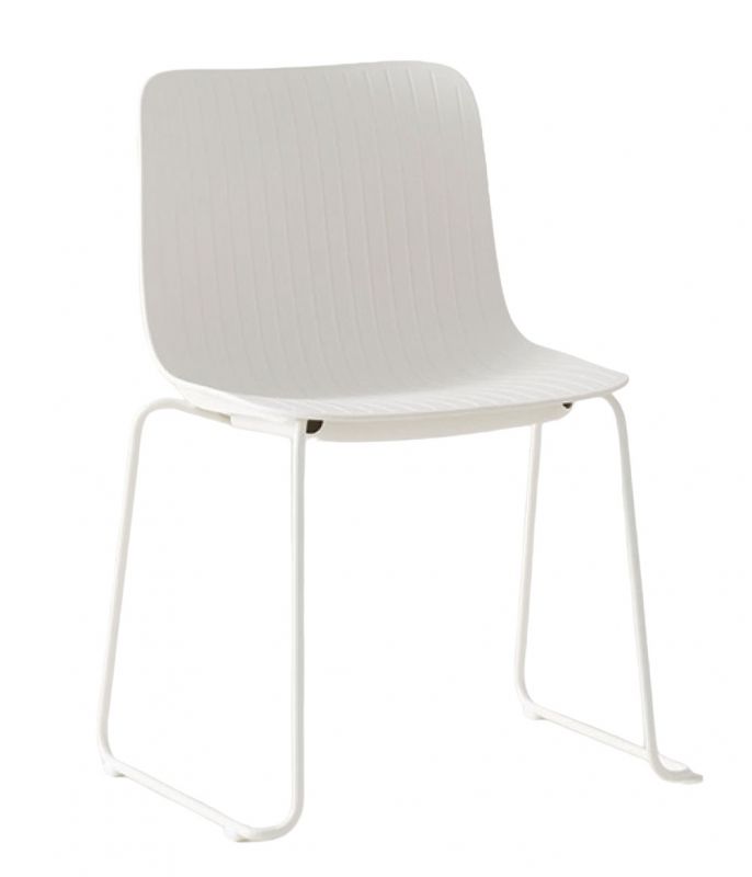 Weißer Dragonfly Stuhl mit Kufengestell, ohne Armlehnen. Moderner Designstuhl für Büro und Wohnbereich.